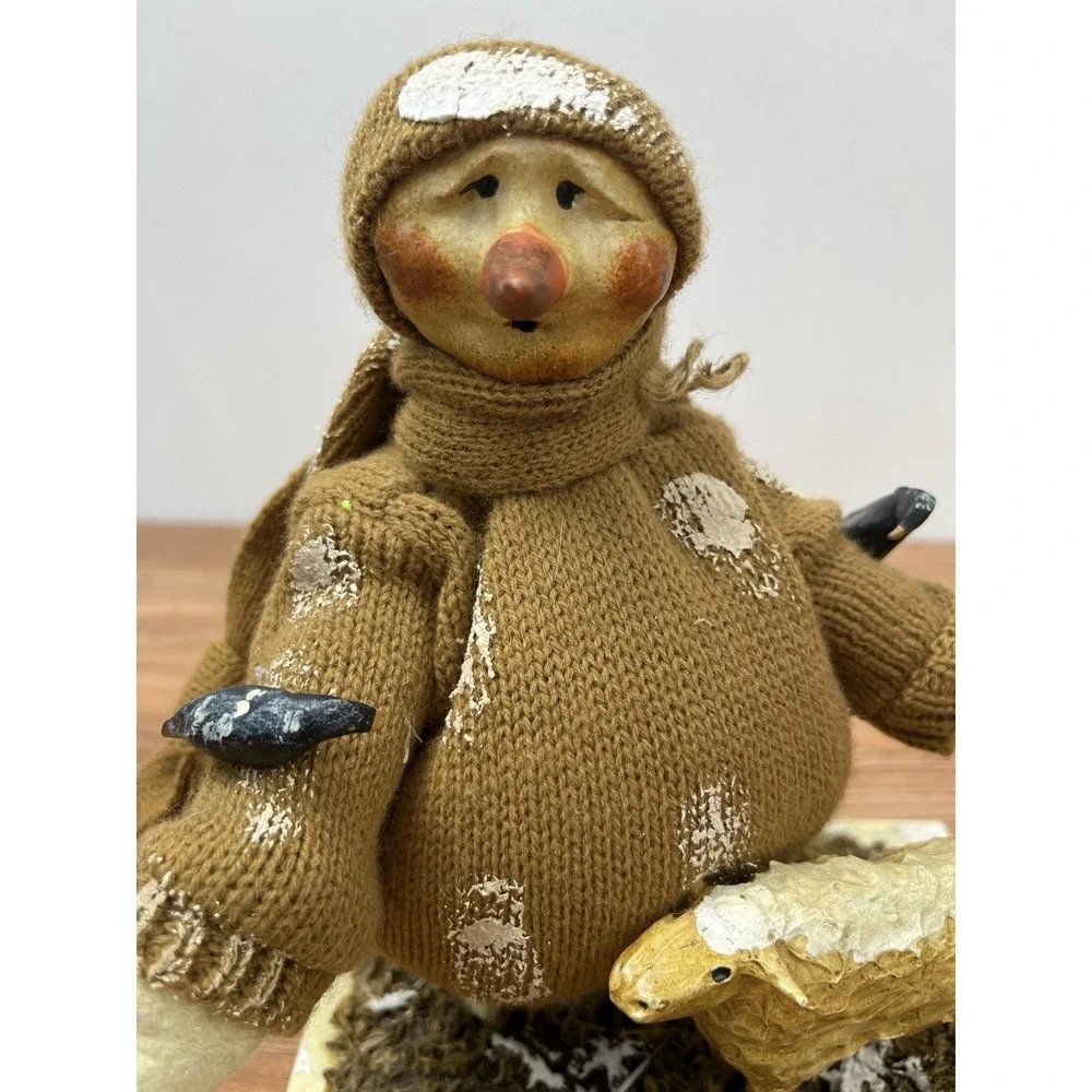 Folk Art Mixed Media Snowman with Farm Animal Friends Sheep Chickens Birds